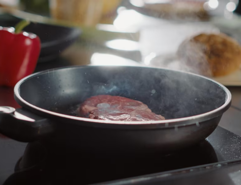 Seared beef meat in a frying pan