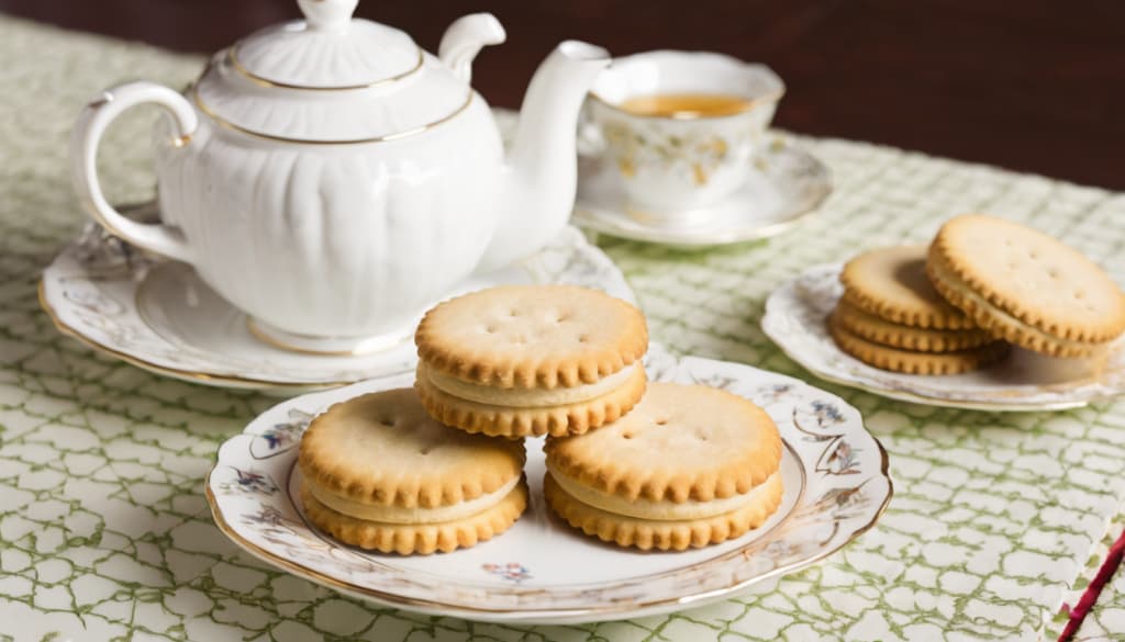 Elegant tea set with sandwich biscuits on a vintage-patterned tablecloth