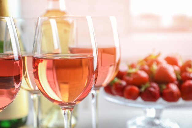 Glasses of strawberry wine on a background of strawberries
