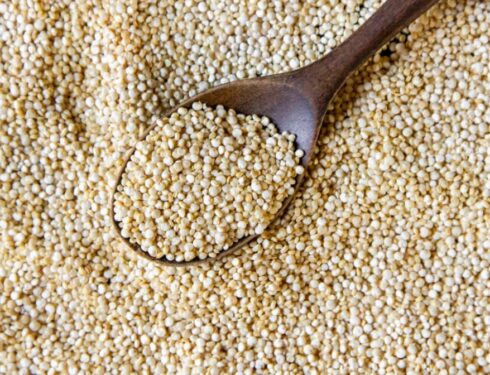a close-up view of quinoa with a wooden spoon